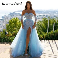 sky blue off shoulder mermaid sequined evening prom dress sweetheart high slit party gown detachable train vestidos de fiesta