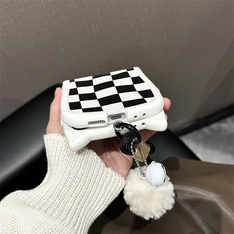 Cartoon Cat ears Plaid leather wristband Case Samsung Galaxy Z Flip 6 5 flip 3 4 Hand cord Cute plush shockproof cover fashion
