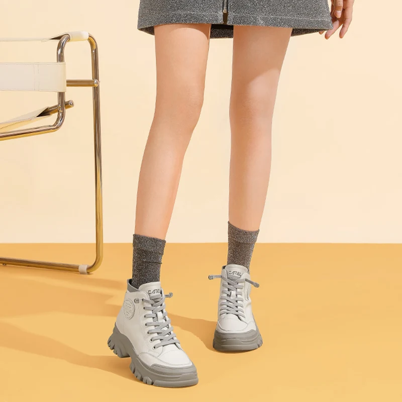 Goldencamel Women Genuine Leather Martin Boots Autumn Winter Lace Up Plush Outdoor Fashion Casual Hiking Shoes Platform