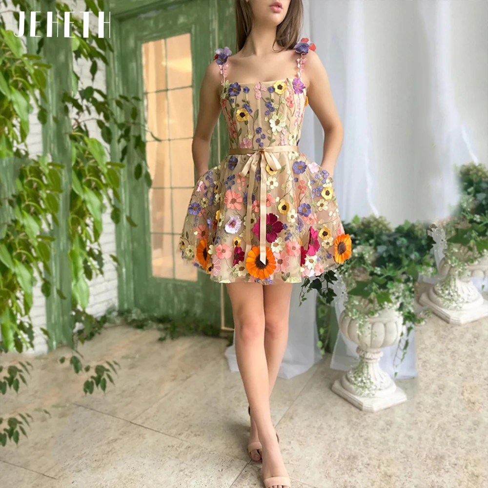 JEHETH Champagne 3D Flowers Tulle Prom Dress Pastoral Homecoming Square Collar A Line Evening Party Gown Mini Robes Se Soirée