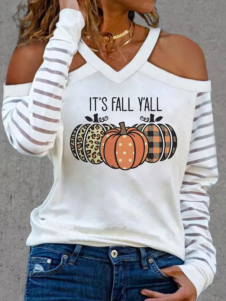 

Women's It's Fall Y'all T-Shirt Sexy V Neck Cold Shoulder Pumpkin Print Pullover Tops Loose Casual Long Sleeve Tee Thanksgiving