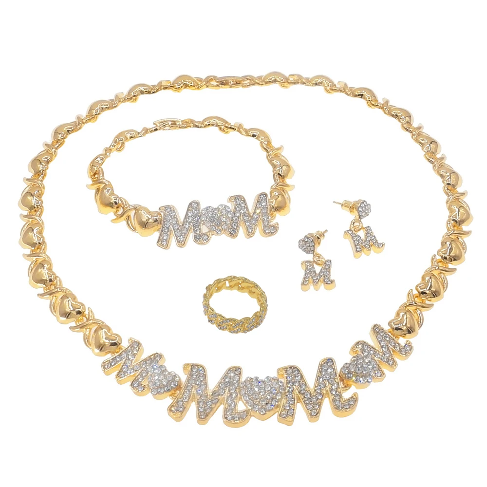 

Woman Jewelry Set Exquisite I Love You Necklace Rhinestone Pendant Bracelet Ring Earring Stes Mom's Love Love Holiday Gift