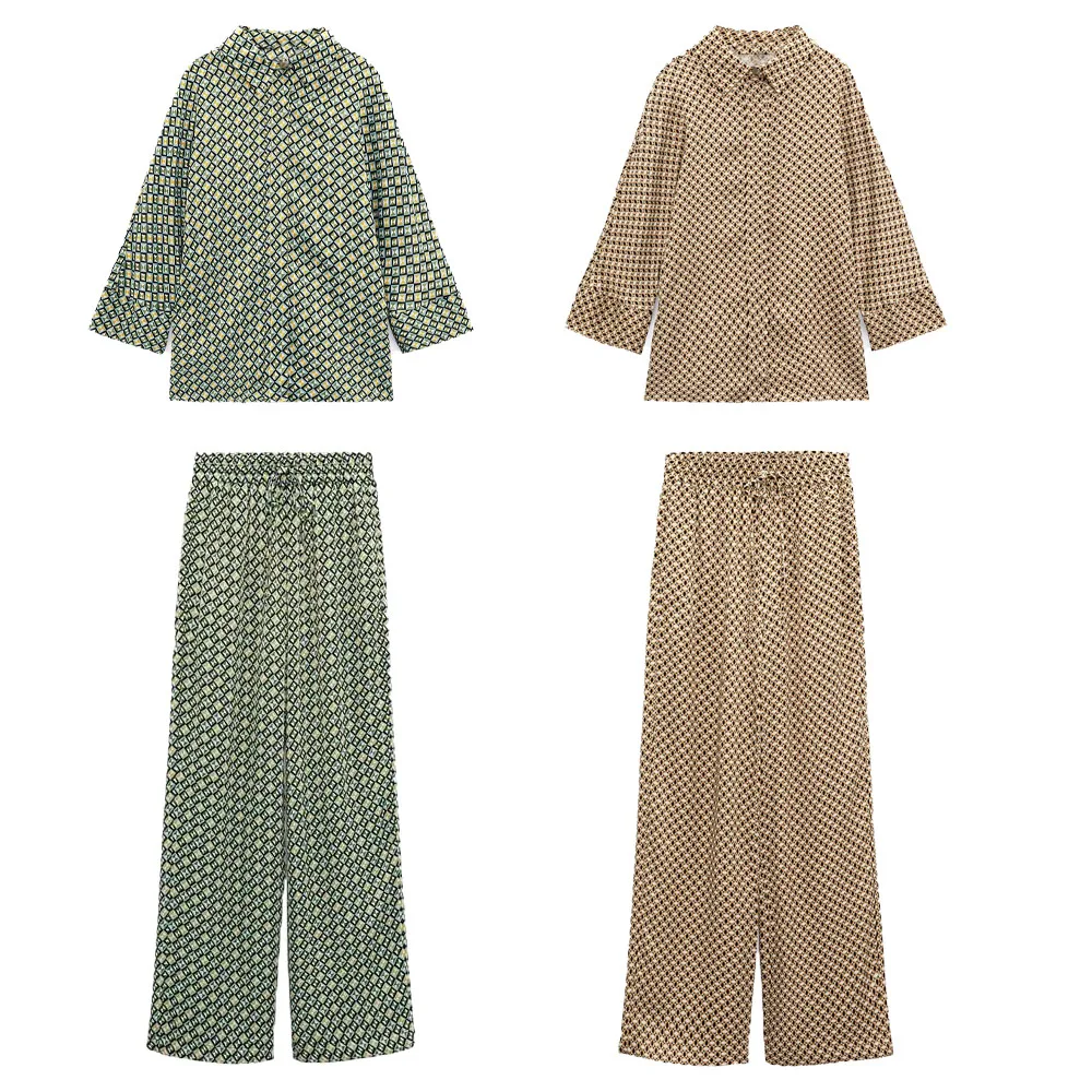 

Zach AiIsa New Fashion Lapel Geometric Pattern Print Shirt + Elastic Waist Geometric Pattern High Waist Casual Wide Leg Pants