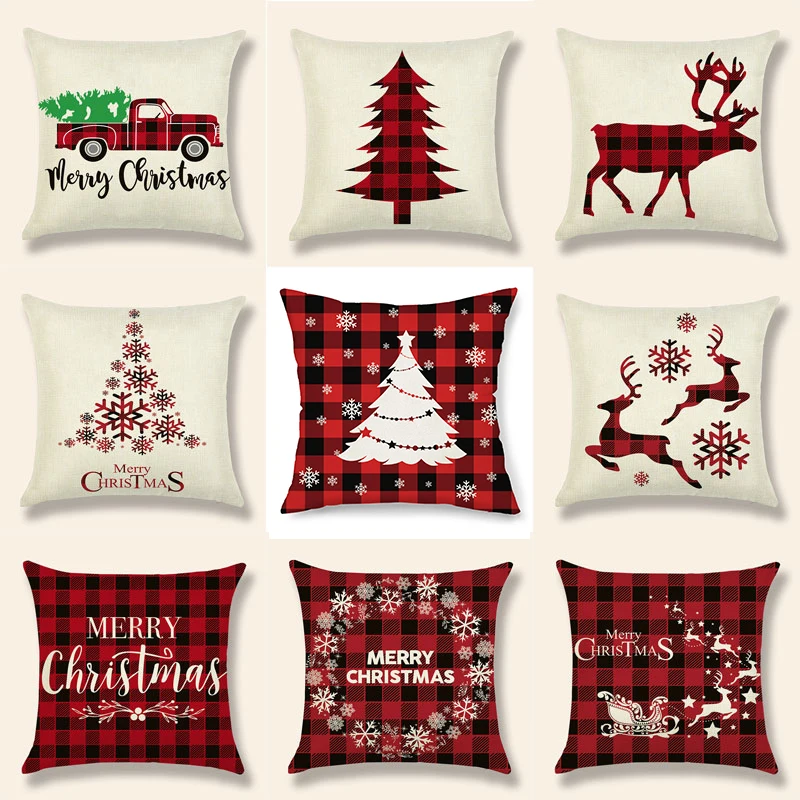 

Christmas Decorations Cushion Covers Elk Tree Linen Deer Merry Xmas Couch Throw Pillow Case Decor for Home Sofa Church Gifts