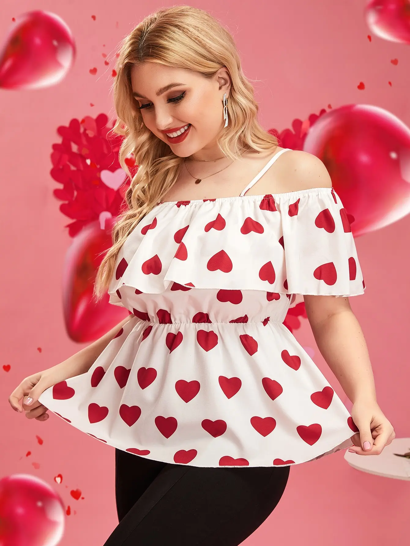 Plus Size Peplum Blouses Large Size Curvy T-shirts Summer 2022 Women 4xl Heart Print Ruffles Off Shoulder Casual Ladies Top