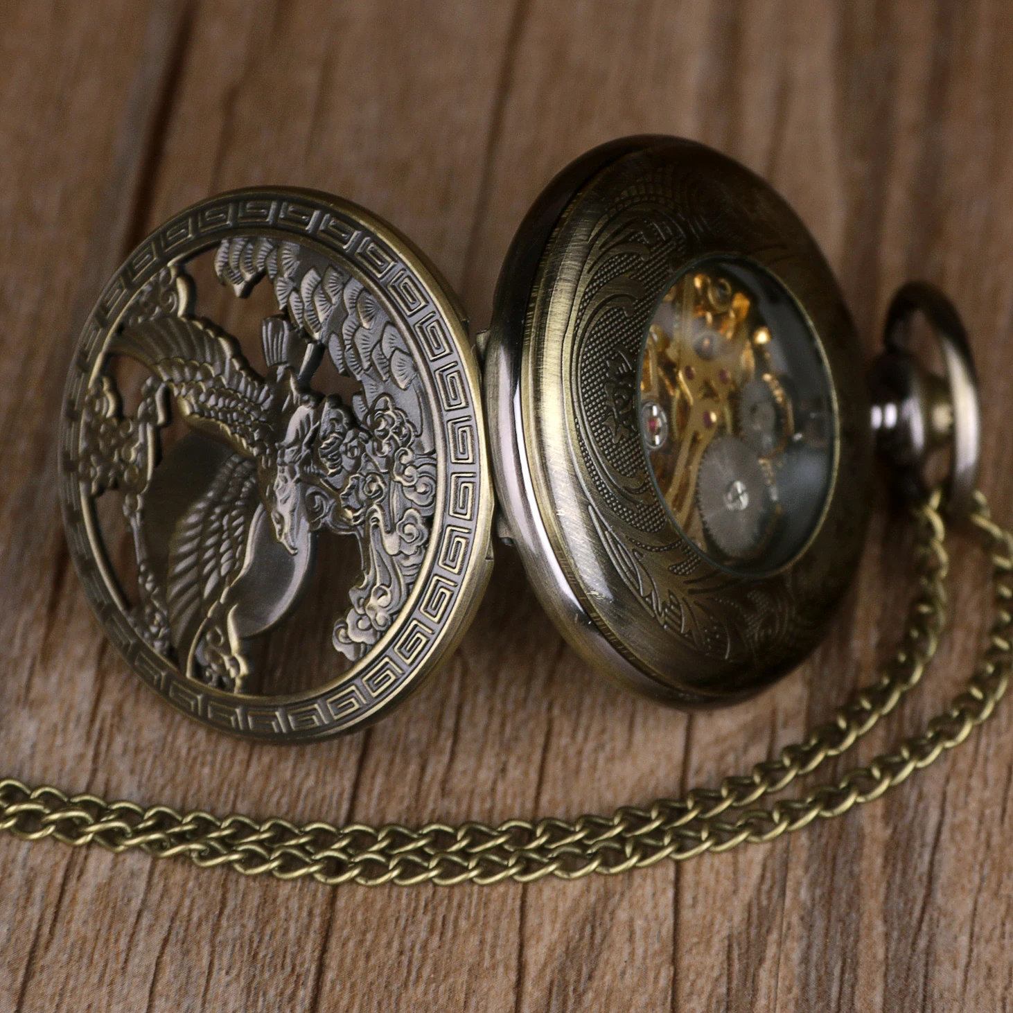 Full Black/Bronze Vintage Eagle Pattern Skeleton Mechanical Mens Pocket Watch Personalised Steampunk Antique Hand Wind Fob Watch