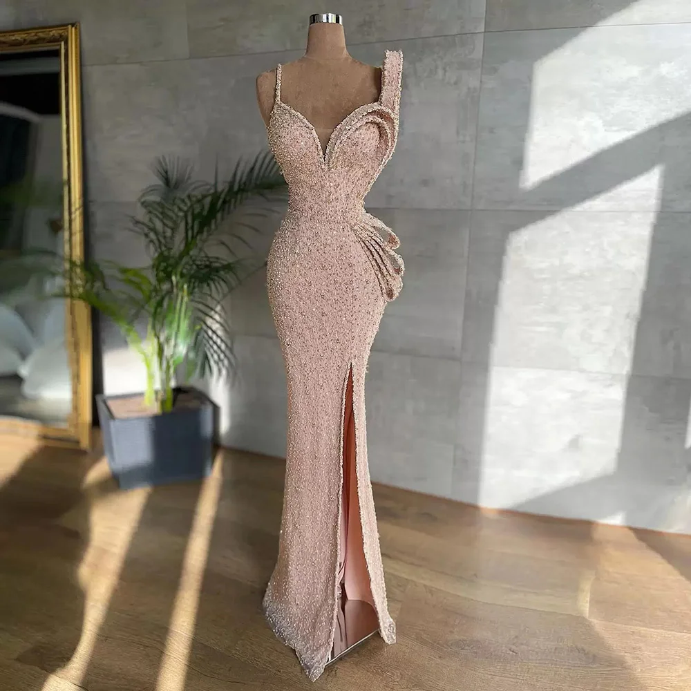 

Romantic Pink Pleated Sleeveless Evening Dress Layered Sequin Beaded Party Dress High Slit Halter Sweetheart Prom Dress Vestido