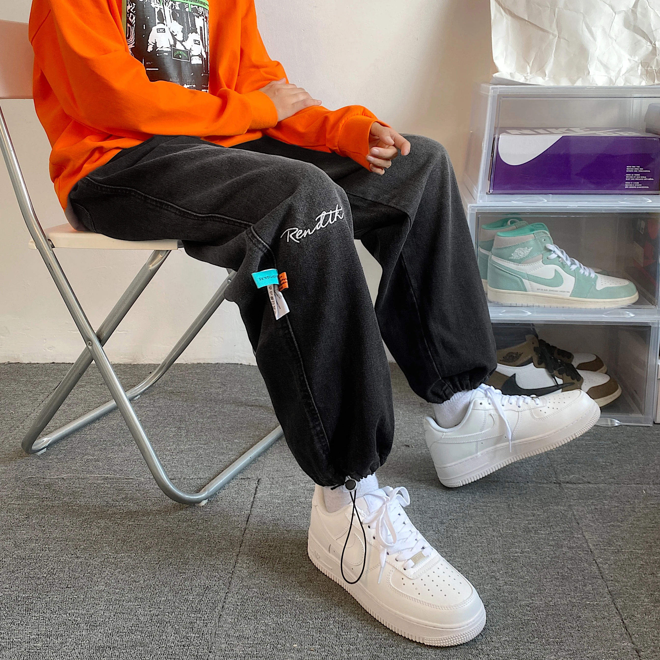 2023 Spring Autumn Black Jeans Fashion Design Casual Ankle Banded Pants Loose Straight Men's Clothing