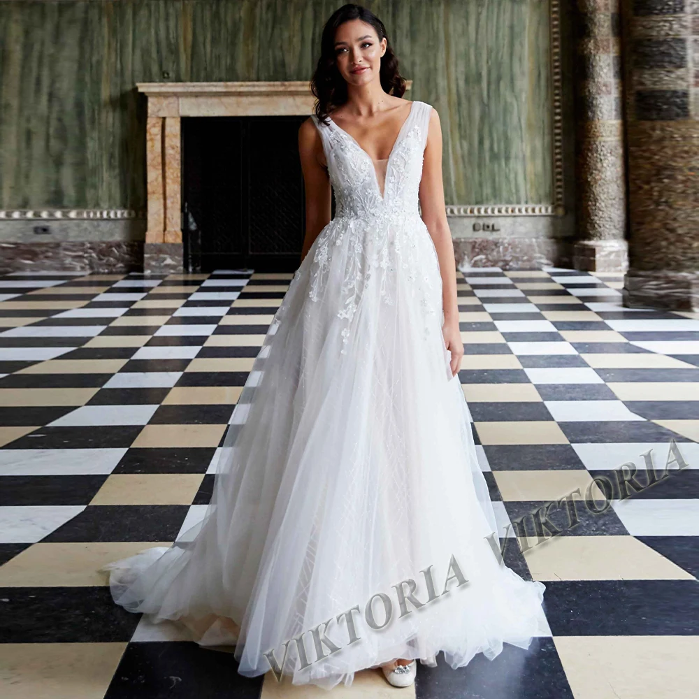 

VIKTORIA Charming Floral Wedding Dresses Beading Tank Buttons Sleeveless Bride A-LINE Appliques Vestido De Novia Custom Made