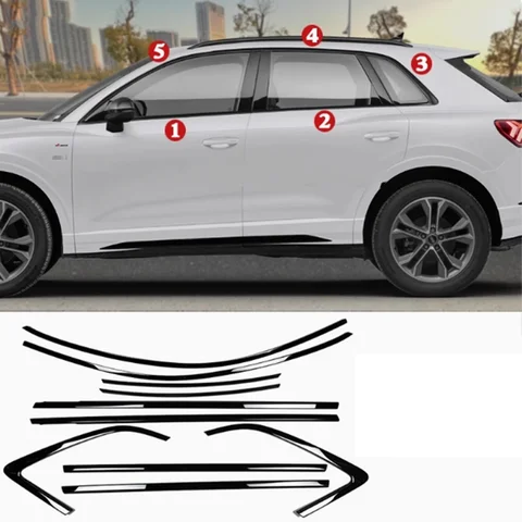 Полоски для оконной рамы, отделка для Audi Q3 F3 RS S-Line 2019 ~ 2024, 2020 2021 2022 2023 черная, Серебристая Наклейка из нержавеющей стали, аксессуары для автостайлинга
