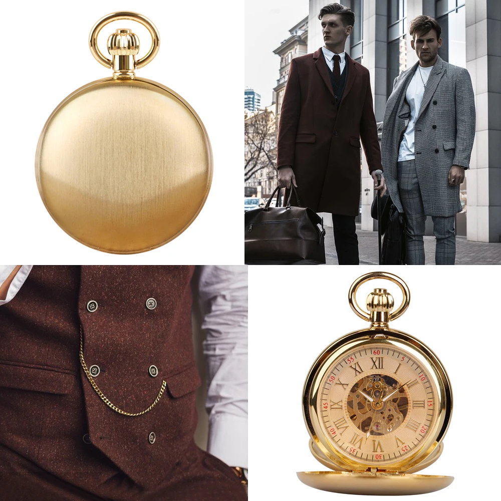 Gift Box Frosted Mechanical Pocket Watch Full Luxury Gold Color Men Women Stylish Retro FOB Hand Wind Double Hunter Watches