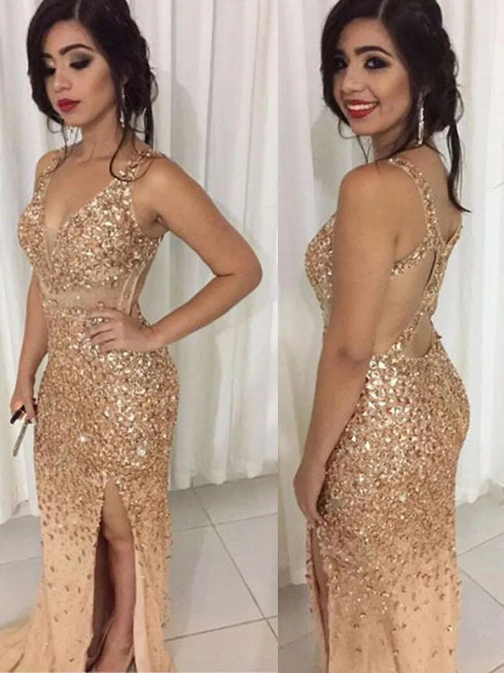 

Mermaid Deep V Gold Glitter Sparkling Ball Dress Party Ladies Sexy Temperament Celebrities Eye-catching
