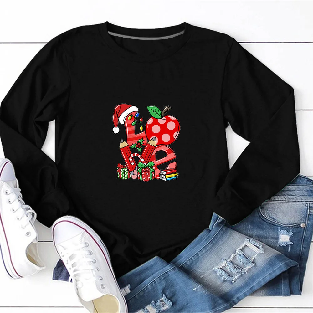 

Women Long Sleeve Christmas Print T-shirt Female Loose Cotton T shirts Basic Bottoming Shirt Preppy Style Casual Black White Top