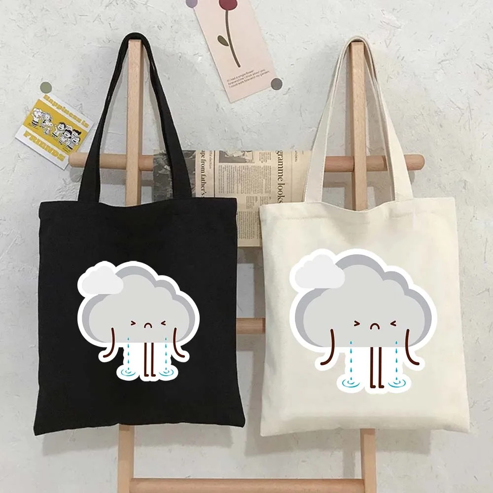 

Cute Crying Cloud Raining Grey Cartoon Printed Tote Bags for Women Shopper Canvas Shoulder Beach Bag Reusable Cotton Handbags