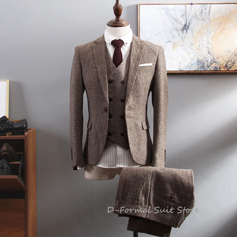 Men's Winter Slim Fit Groom Wear Wedding Suit Formal Business Herringbone Pattern Tweed 3Piece  (Jacket+Pant+Vest) أطقم بليزر