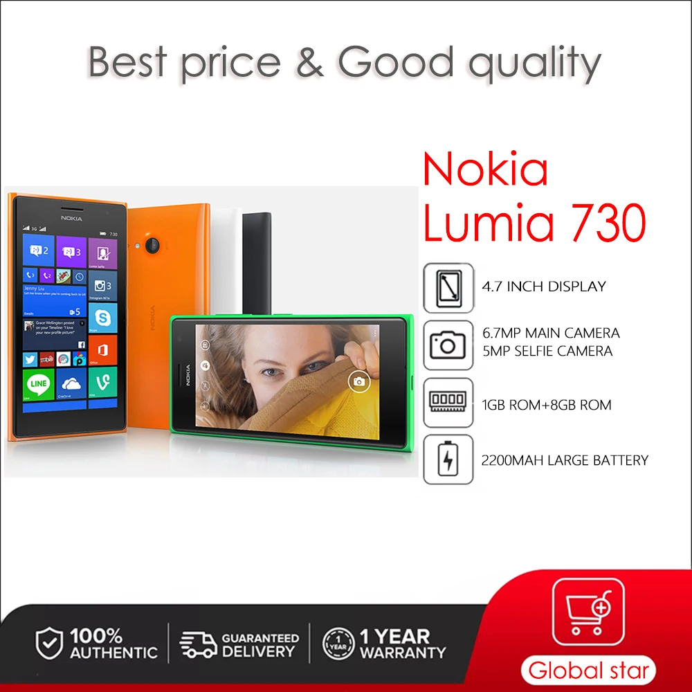 

Оригинальный разблокированный телефон Nokia Lumia 730 с двумя SIM-картами, телефон высокого качества с экраном 4,7 дюйма, 2200 мАч, камерой МП, 1 ГБ ОЗУ, 8 ...