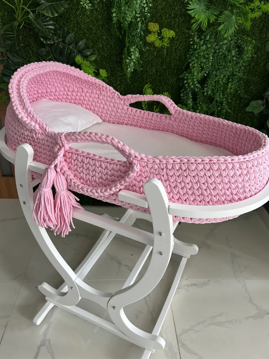 Jaju Baby Moses Basket Plain Pink Open Top Knit Stroller