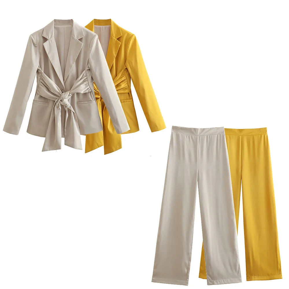 

Zach AiIsa summer new bow-trimmed silk satin texture suit jacket + temperament drape high waist casual straight trousers