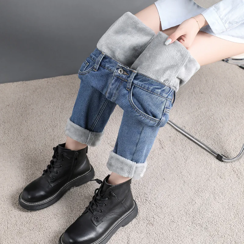 

High Waist Warm Jeans For Women Blue Female Winter Jeans Thicken Denim Pants Jean Female Ankle Length Warm Pants Women's Jeans