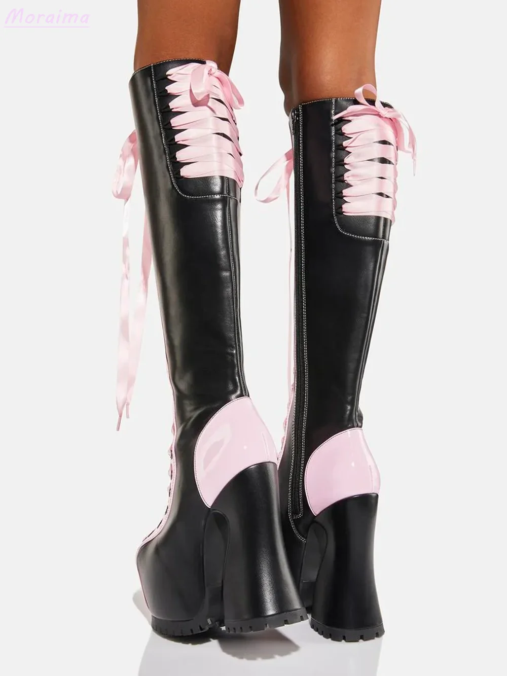 Platform Ribbon Lace-Up Knee-High Boots Chunky Heel Side Zipper Cross Strap Pink Black Mixed Color Sexy New Women Shoes Fashion