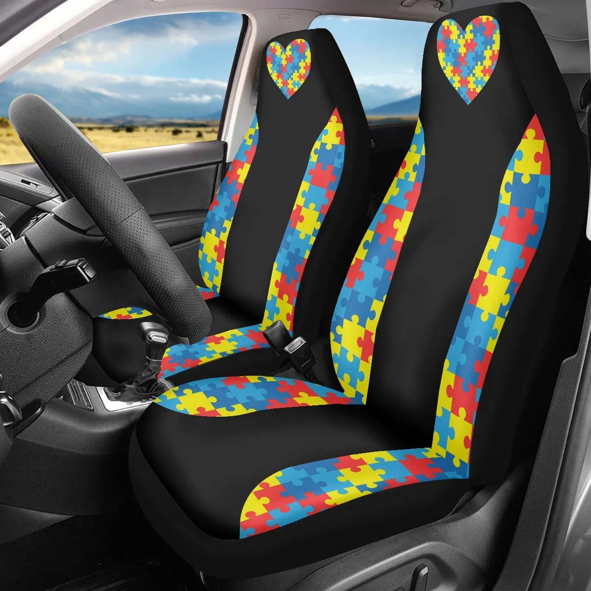 

Car Seat Cover Tire Tracks Design Seat Cushion Autism Awareness Pattern 2Pcs Car Accessories Easy Installation Vehicle Protector