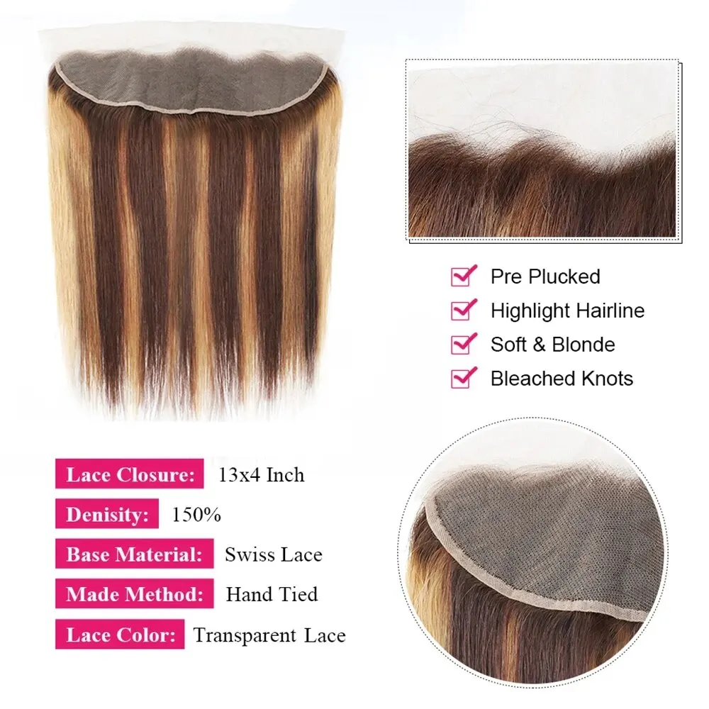 Bundles with Frontal P4/27 Ombre Honey Blonde Straight Brazilian Remy Human Hair 3/4 With 13x4 Transparent Lace