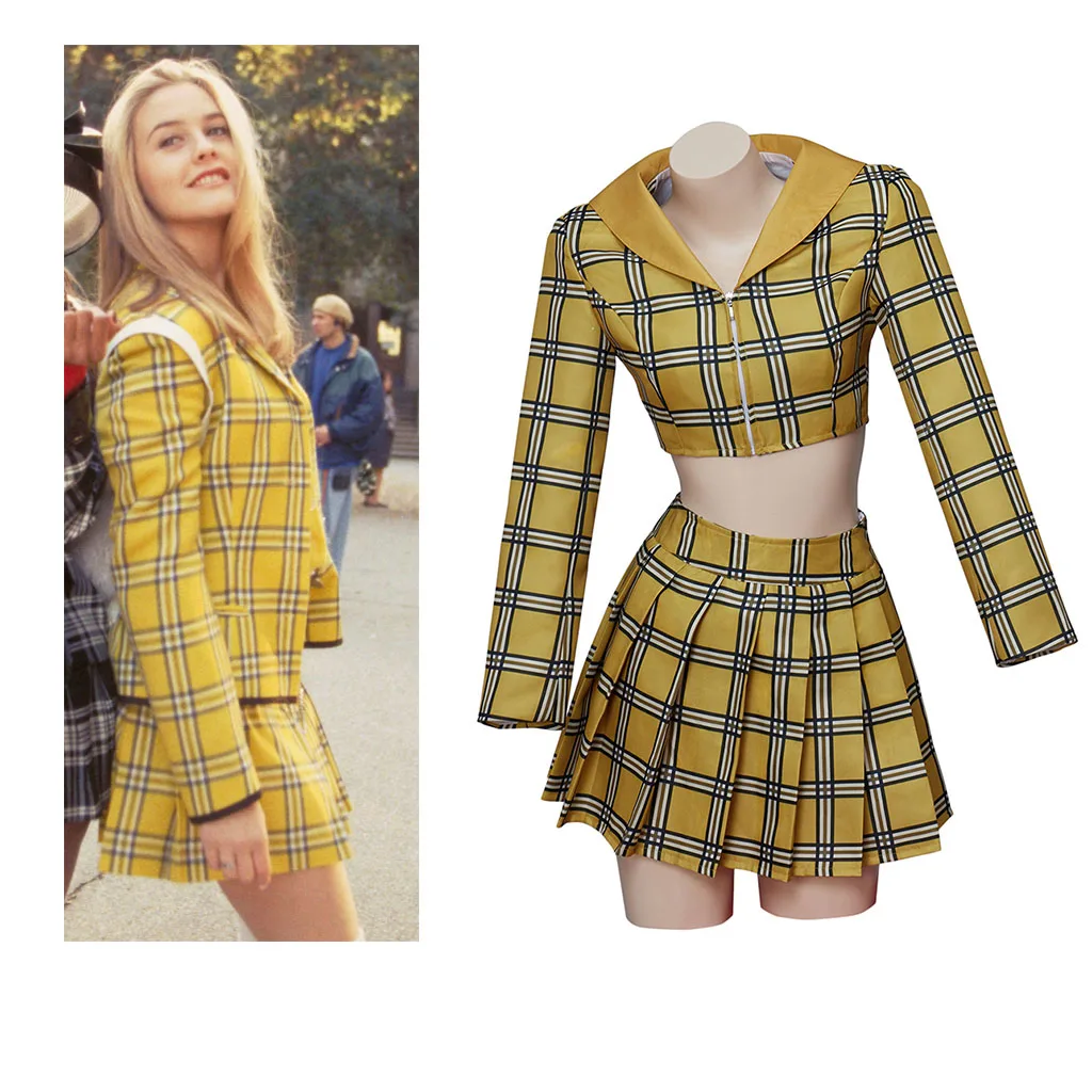 Movie Clueless Cher Horowitz Cosplay Costume Cher Horowitz Fashion Vintage School Outfit Yellow Plaid Top/Skirt suit