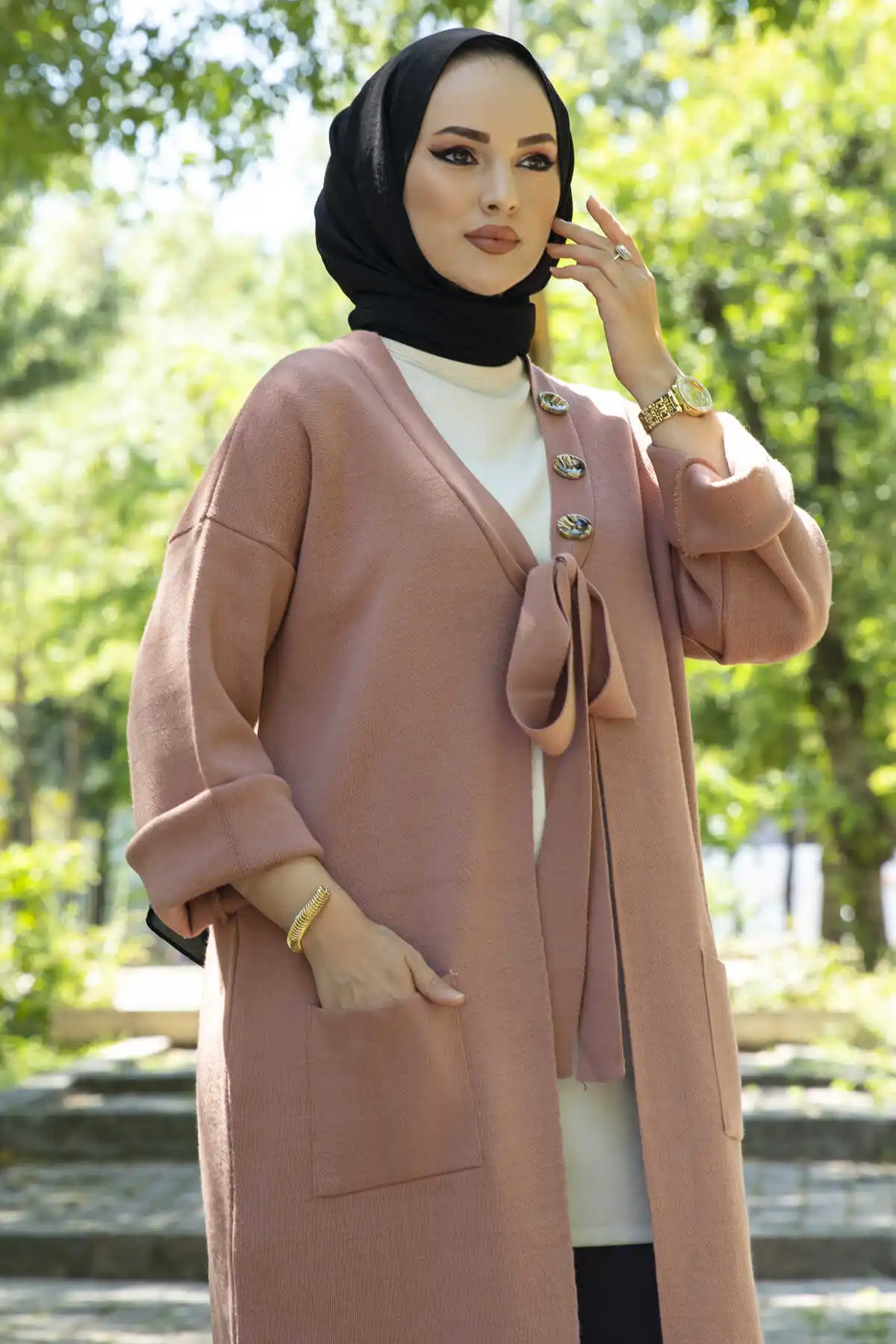 Women Fashion Button Detailed Knitwear Hijab Cardigan Abaya Ensembles Musulmans 2022 European And American Casual Business Islamic