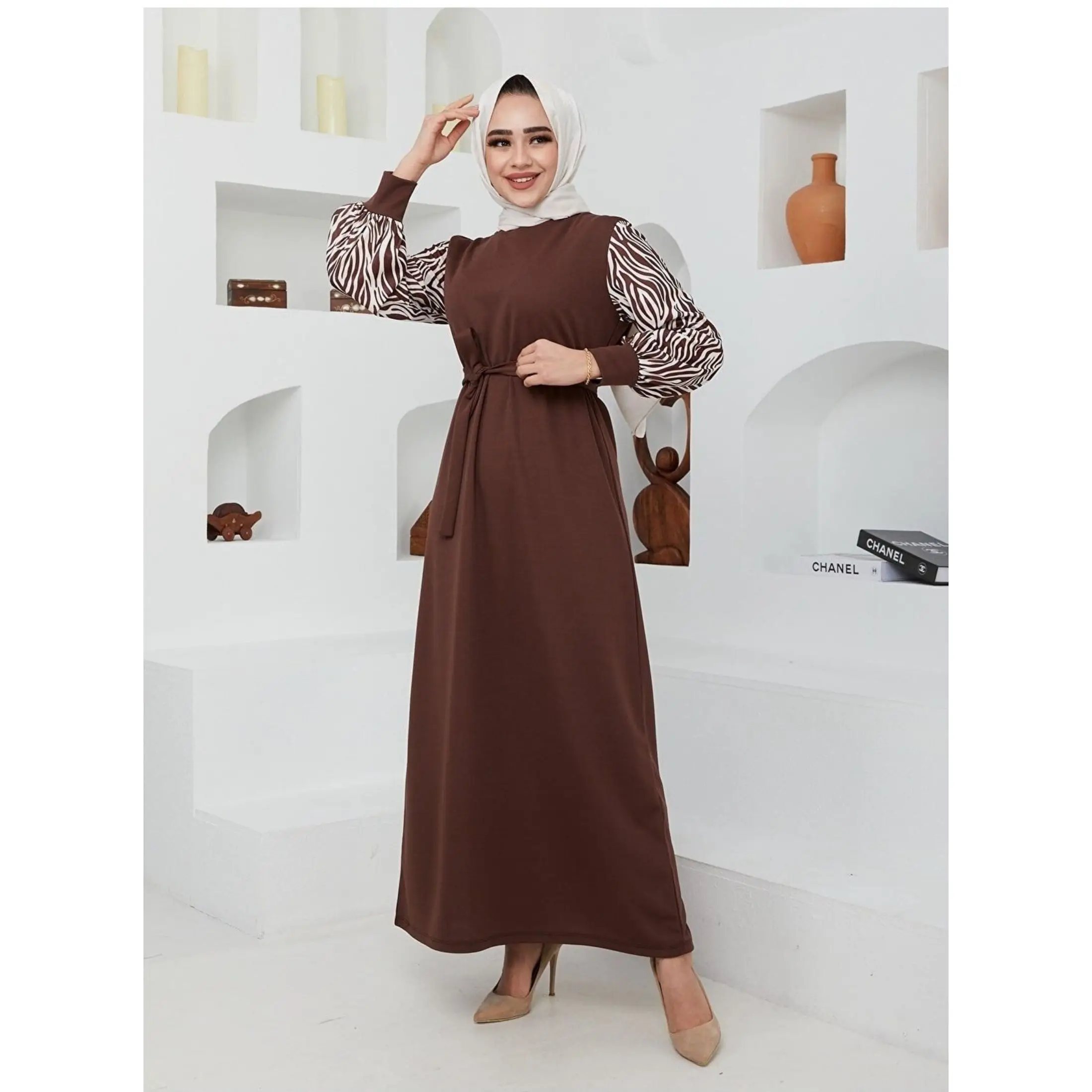Muslim Women's Belted Zebra Pattern Maxi Dress Muslim Fashion Modest Clothing Morocain Abaya Kaftan Dubai Turkey 2023