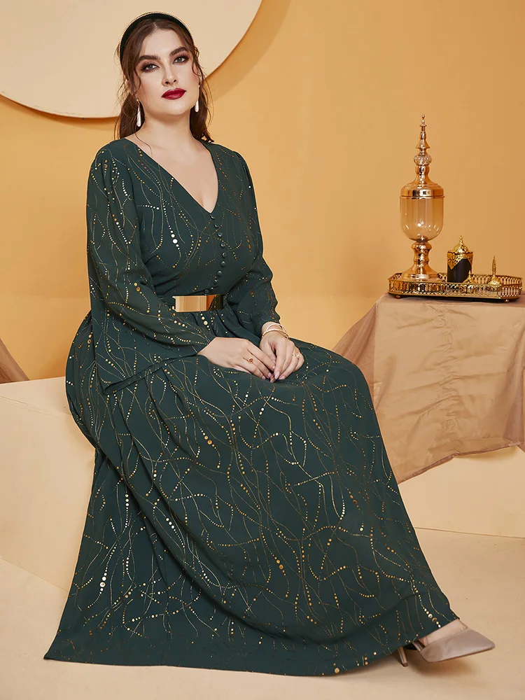 Women Plus Size Maxi Dresses 2023 New Spring Formal Luxury Sequin Chic Elegant Long Sleeve Muslim Turkish Evening Party Clothing