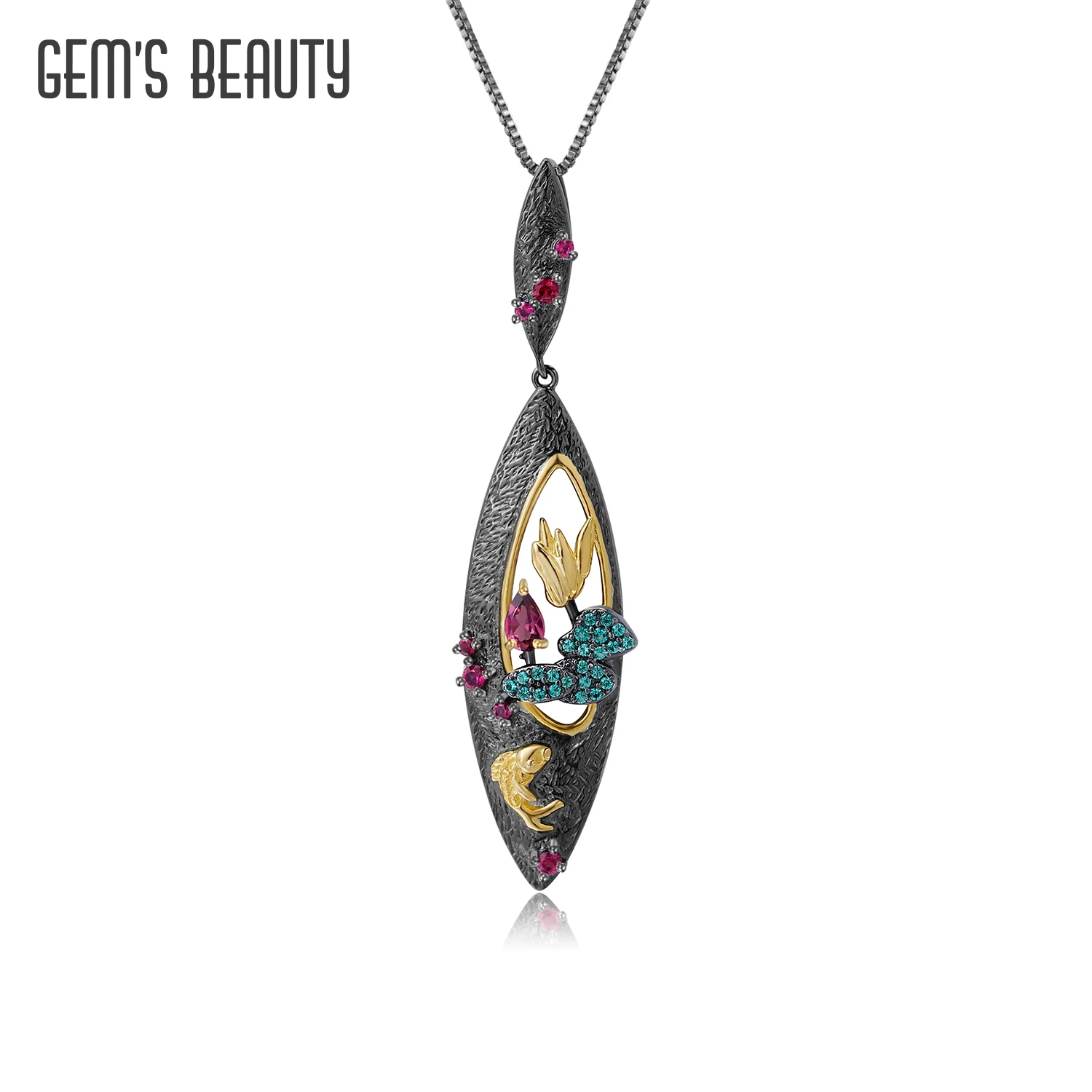 

GEM'S BEAUTY Pond Fish Playing Lotus Gemstone Подвеска Стерлингового Серебра 925 Родолит Ожерелье Ручной Работы Ювелирные Изделия для Женщин