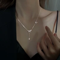 925 sterling silver tassel bow necklace with rhinestones luxury temperament collarbone chain for women