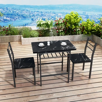 [Flash Sale]Modern 3-Piece Dining Table Set with 2 Chairs for Dining Room Black Frame+Printed Black Marble Finish[US-W]