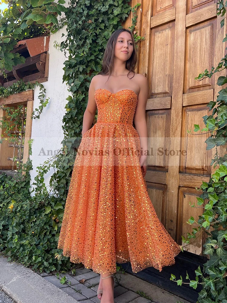 

Женское вечернее платье до середины икры, оранжевое платье с кристаллами, платье для выпускного вечера, 2023