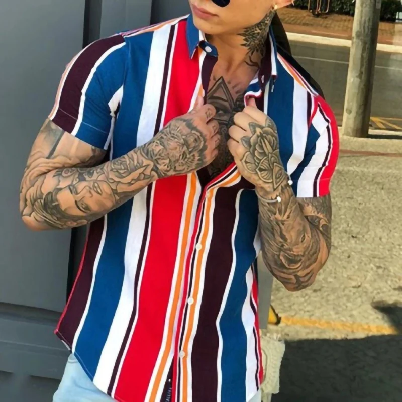 

2022 Summer New Trend Fashion Casual Short Sleeve Loose Shirt Top 3d Digital Stripe Printing Trend Lapel Button Cardigan