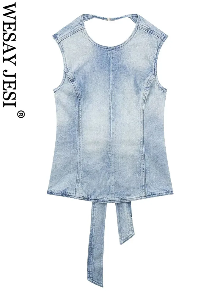 WESAY JESI TRAF Летний Новый Модный сексуальный с открытой спиной бант ковбойский без рукавов подтяжки сращивающийся стиль женский топ подтяжки
