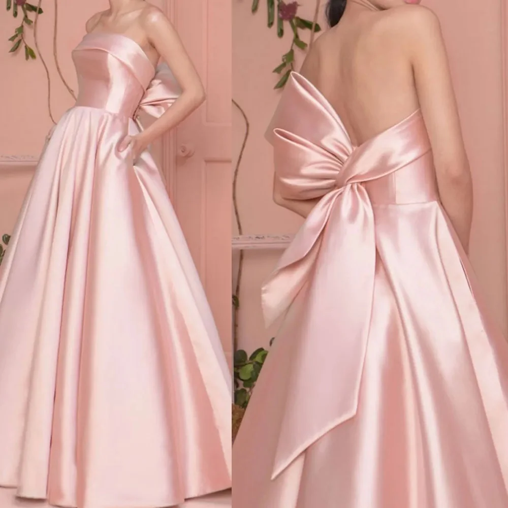 

Elegant Engagement Prom Dresses A Line Strapless Sleeveless Floor Length Satin with Pleats Exquisite Formal Party Evening Gowns