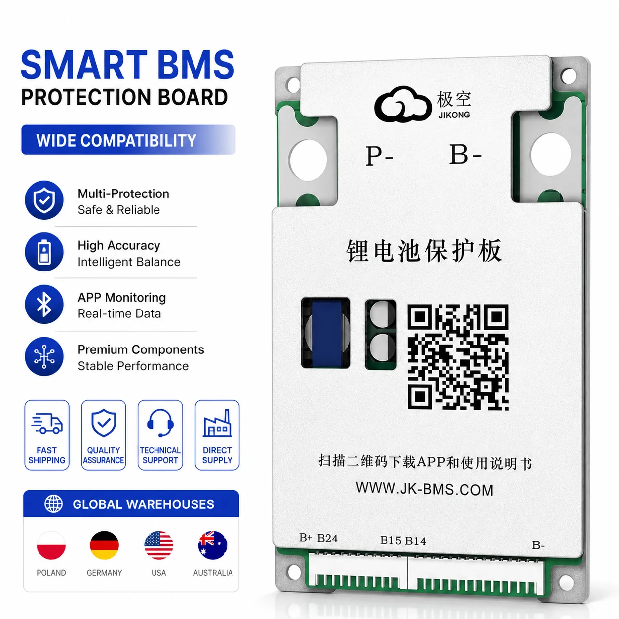 Фото JIKONG JKBMS JK-BD6A24S6PD 8S-24S 24В 48В 72В 60А Умная активная балансировочная плата BMS для LiFePO4 и Li-Ion аккумуляторов №1