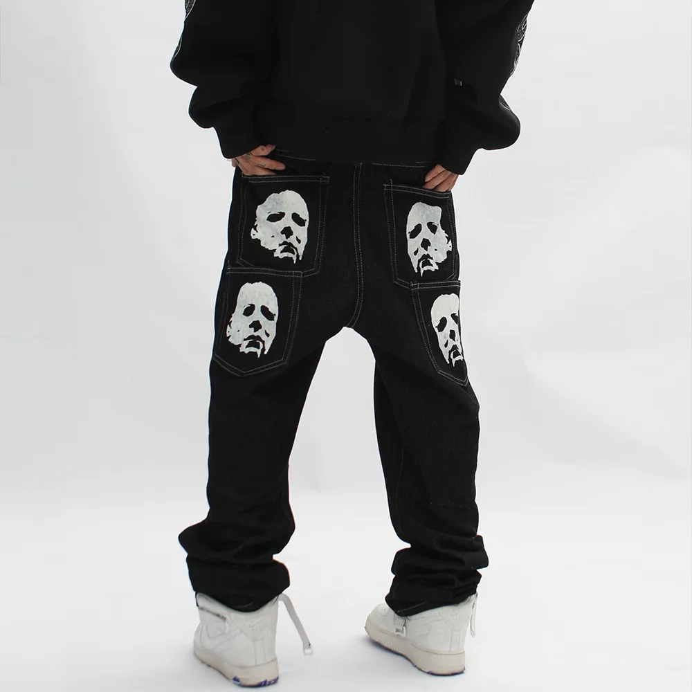 Black Retro Men Streetwear Hip Hop Skull Gothic Straight Wide Leg Cargo Pants Y2K Alt Harajuku Baggy Low Rise Denim Jeans Clothe