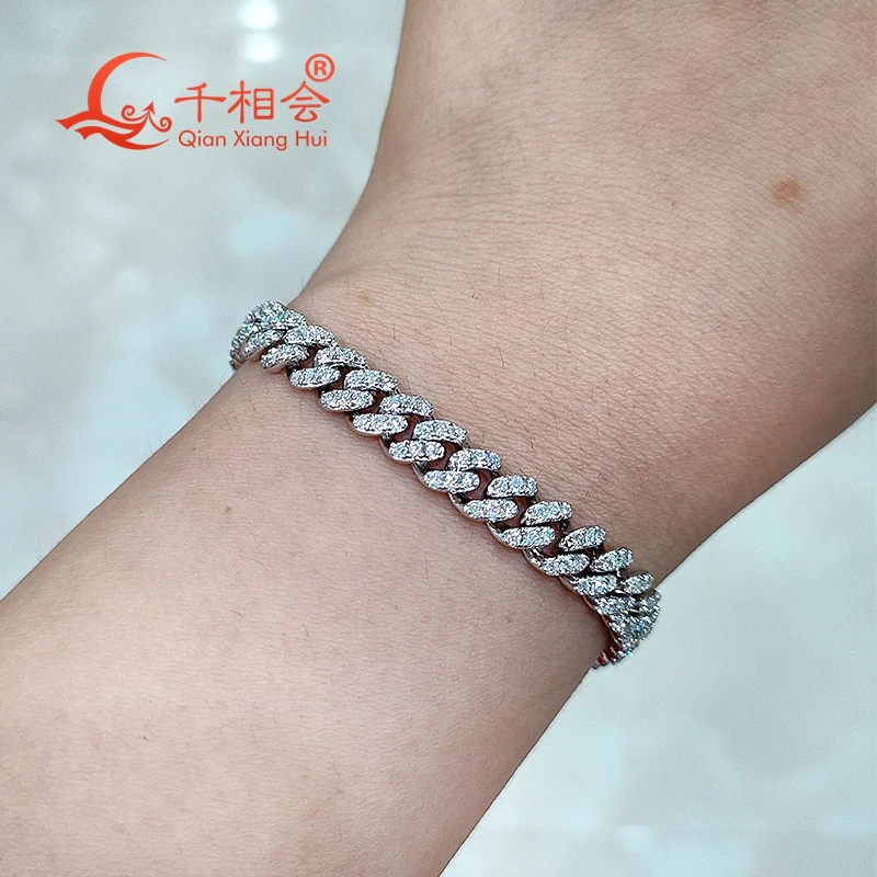 10k white real  gold Bracelet  6mm width half moon Cuban Chain Moissanite Diamond Hip Hop Style Miami Cuban Link Chain