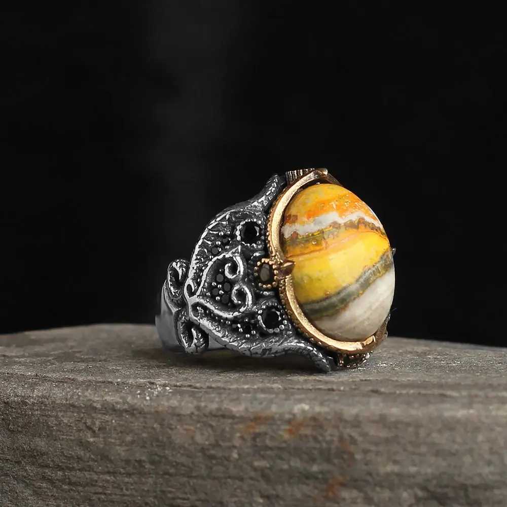 men's silver rings 925 Original With Bumblebee Jasper Stone, Ring Stamped With Silver 925, All Sizes Are Available