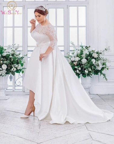 Свадебное платье большого размера 2024, короткое спереди длинное сзади кружевное и атласное платье невесты, свадебное платье с длинными рукавами 3/4 и открытыми плечами