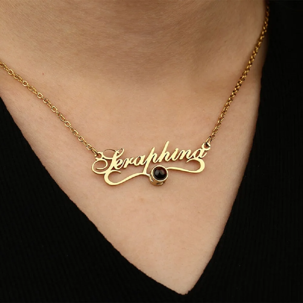 Custom Photo With Name Projection Necklace Personalized Stainless Steel Letter Pendant Personality Creative Unique Gift ForFemme