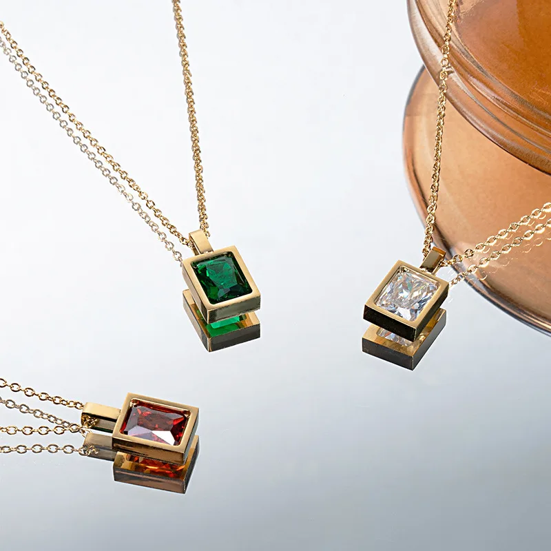 

Stainless Steel Jewelry 14K Gold Plated Emerald Gemstone Gem Square Rectangle Rhinestone Crystal Pendant Necklace for Women