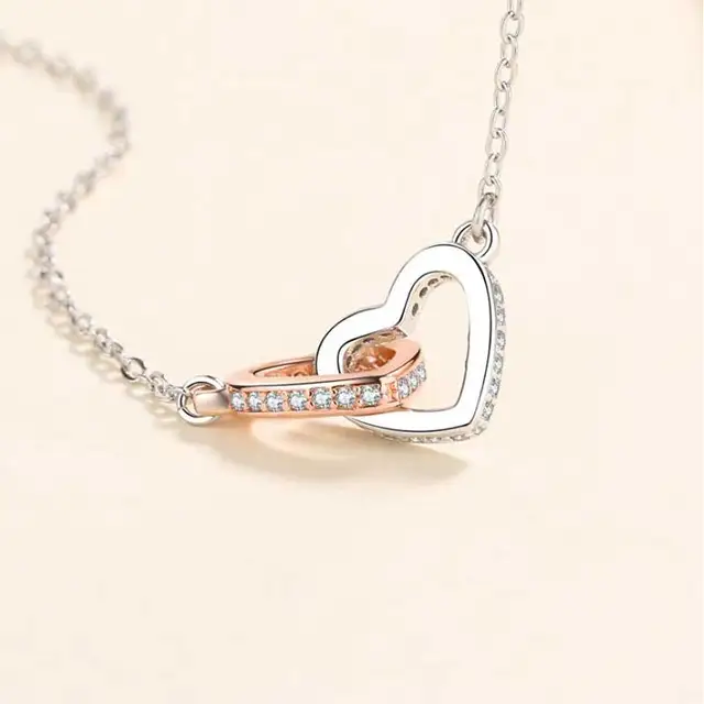 Double Heart Chain Necklace Women Crystal Linked Necklaces Mother's Day Gift Mother and Daughter Jewelry 5