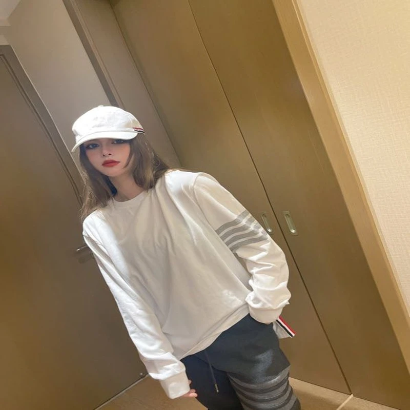 TB THOM Sweatshirts Korean Fashion Brand Pullovers Coats White 4-bar Stripes Solid Casual Sports Off White Hoodies