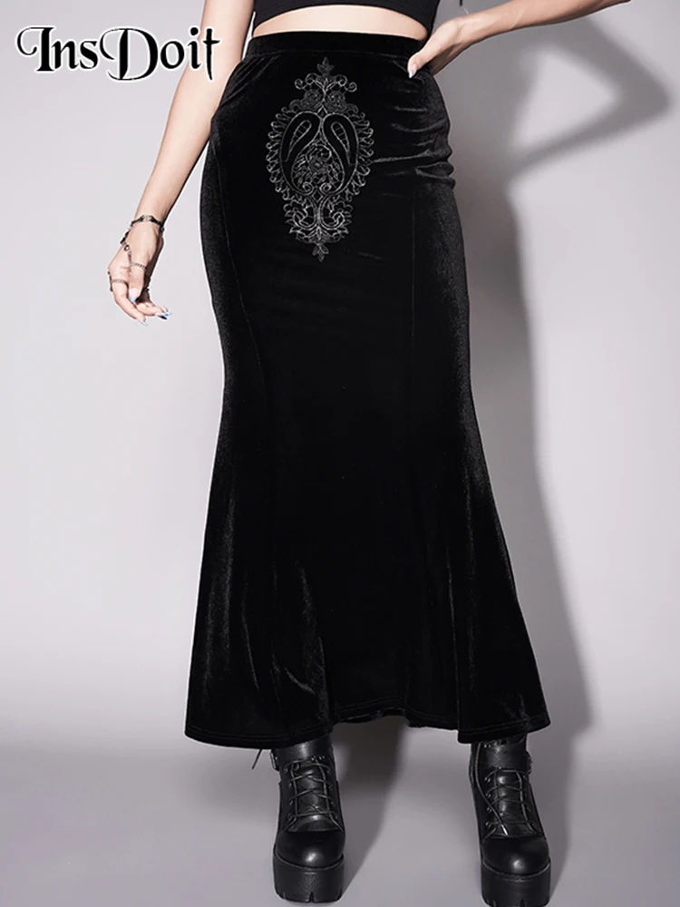 

InsDoit Gothic Summer Black Midi Skirt Women Lolita Streetwear Velvet Embroidery Sexy High Waist Skirt Elegant Club Party Skirts