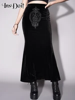 insdoit gothic summer black midi skirt women lolita streetwear velvet embroidery sexy high waist skirt elegant club party skirts