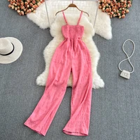 clothland women elegant pink jumpsuits adjustable straps sleeveless backless stretchy body pockets cute playsuits ka234