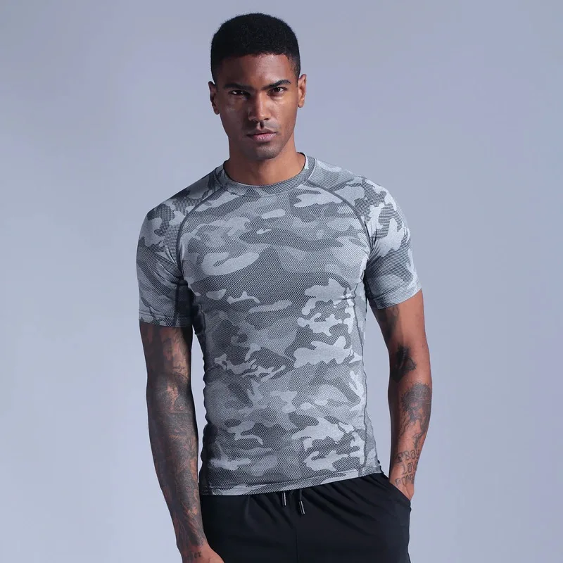 

Men T Shirt Camouflage Pattern Bodybuilding Gym Slim Tee Running Jogging Tops Compression Training Sports Shirts